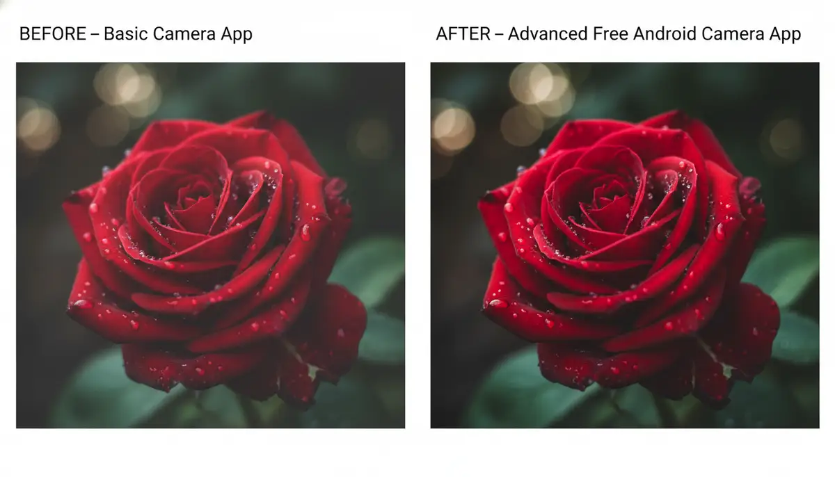 A split screen showing a 'before' image taken with a basic camera app and an 'after' image taken with an advanced free Android camera application, highlighting improved detail and color. Focus on a close-up of a flower or a portrait., high-quality photography, professional lighting, sharp focus, realistic, detailed