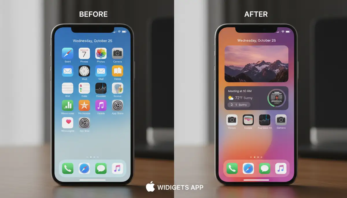 A split screen showing a 'before' plain iPhone home screen and an 'after' home screen transformed with personalized widgets, demonstrating the power of the apple widgets app., high-quality photography, professional lighting, sharp focus, realistic, detailed