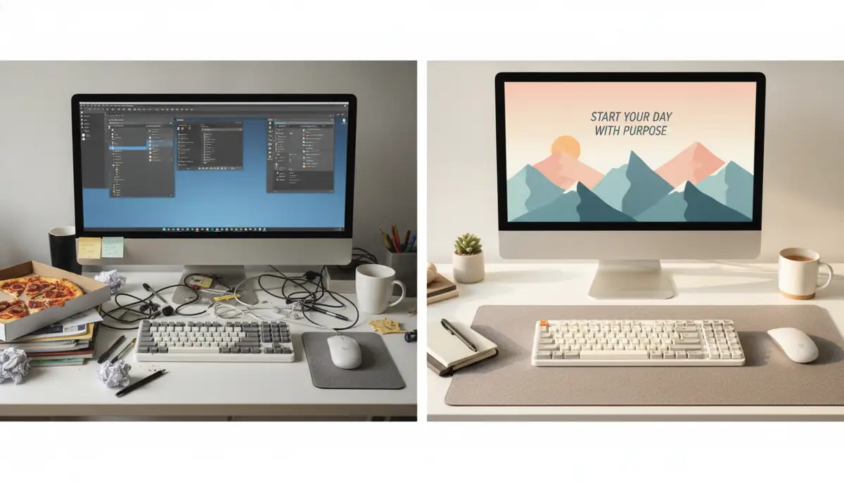A split screen showing a cluttered, generic desktop on one side and a clean, organized desktop with a cute, inspiring wallpaper on the other, highlighting the transformation., high-quality photography, professional lighting, sharp focus, realistic, detailed