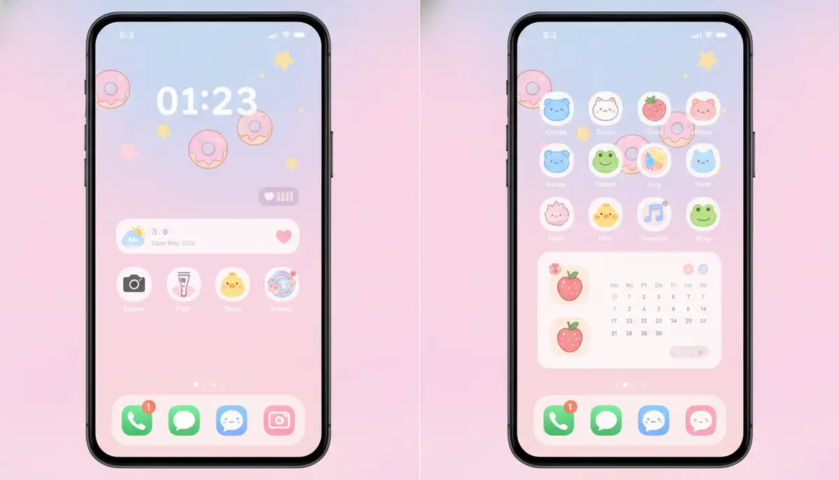 A split screen showing a lock screen and a home screen, both adorned with coordinated cute and kawaii wallpaper designs, featuring matching widgets and custom app icons for a unified aesthetic., high-quality photography, professional lighting, sharp focus, realistic, detailed