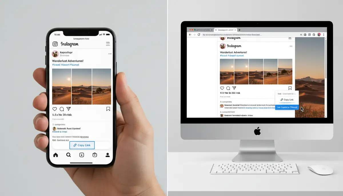 A split screen showing a mobile device on one side and a desktop browser on the other, both displaying the same Instagram post with the link copying mechanism visible., high-quality photography, professional lighting, sharp focus, realistic, detailed