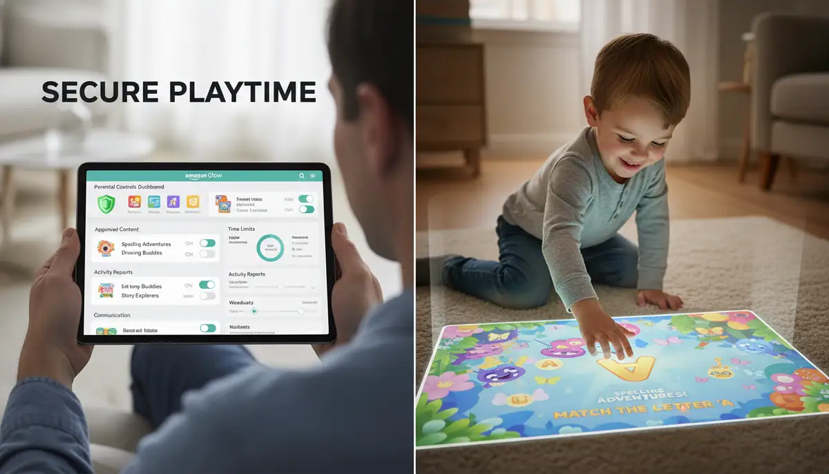 A split screen showing a parent's tablet with the Amazon Glow app's parental control dashboard, and a child's view of an interactive game, highlighting secure play., high-quality photography, professional lighting, sharp focus, realistic, detailed