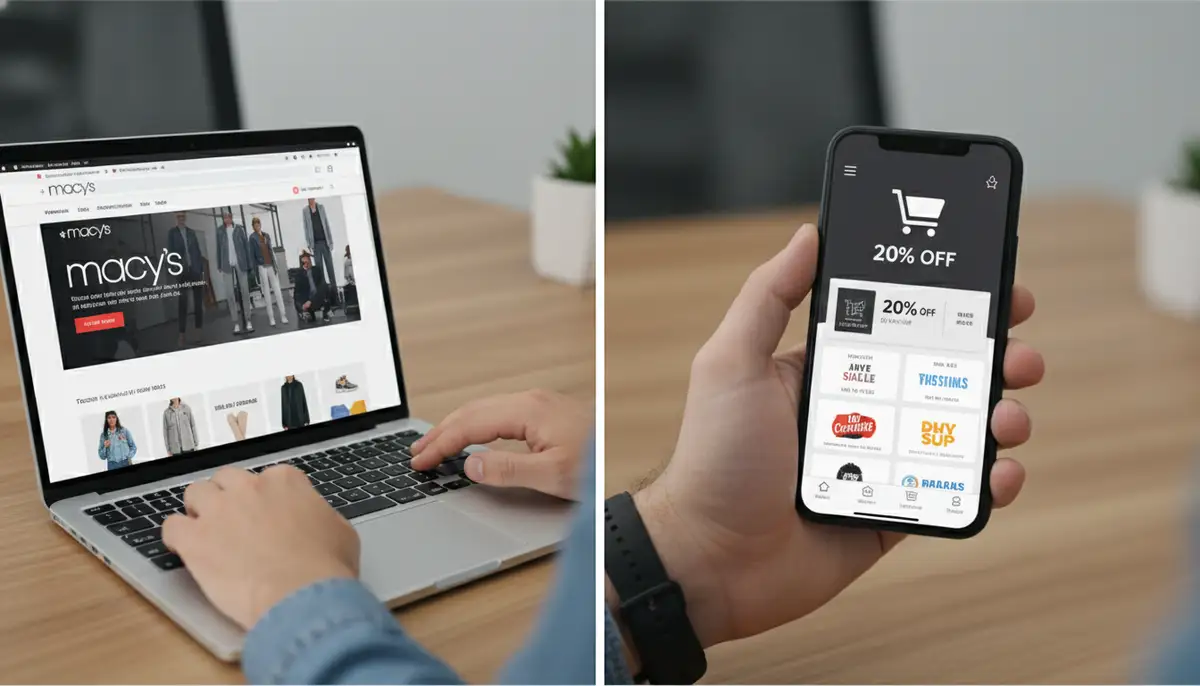 A split screen showing a person browsing Macy's website on one side and a mobile phone displaying a coupon app on the other, with a shopping cart icon., high-quality photography, professional lighting, sharp focus, realistic, detailed