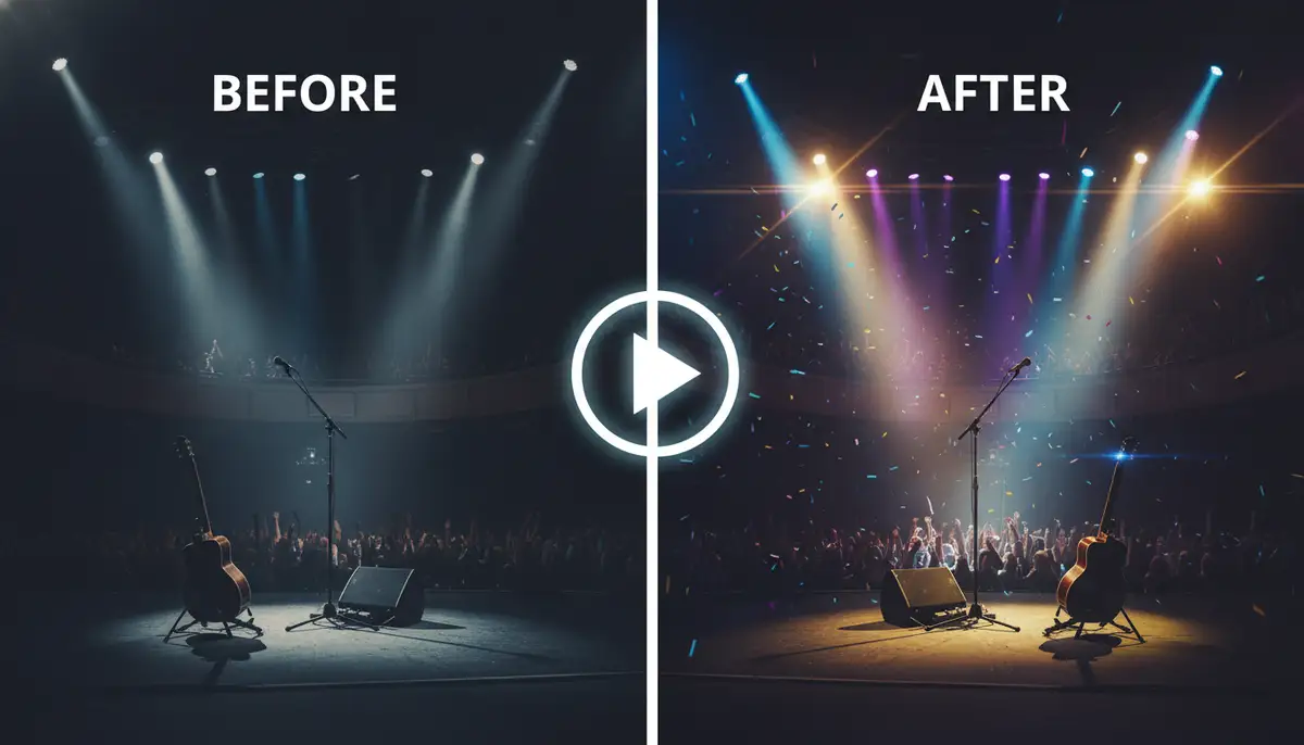 A split screen showing a photo before and after adding music, with a play button icon on the 'after' side, illustrating the transformation., high-quality photography, professional lighting, sharp focus, realistic, detailed