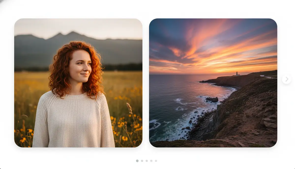 A split screen showing a portrait photo on one side and a landscape photo on the other, both perfectly framed within Instagram's carousel post preview., high-quality photography, professional lighting, sharp focus, realistic, detailed