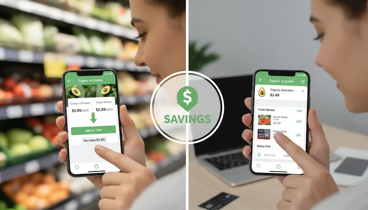 A split screen showing a shopper comparing prices on a mobile app and adding an item to a digital shopping cart, with a 'savings' graphic overlay., high-quality photography, professional lighting, sharp focus, realistic, detailed
