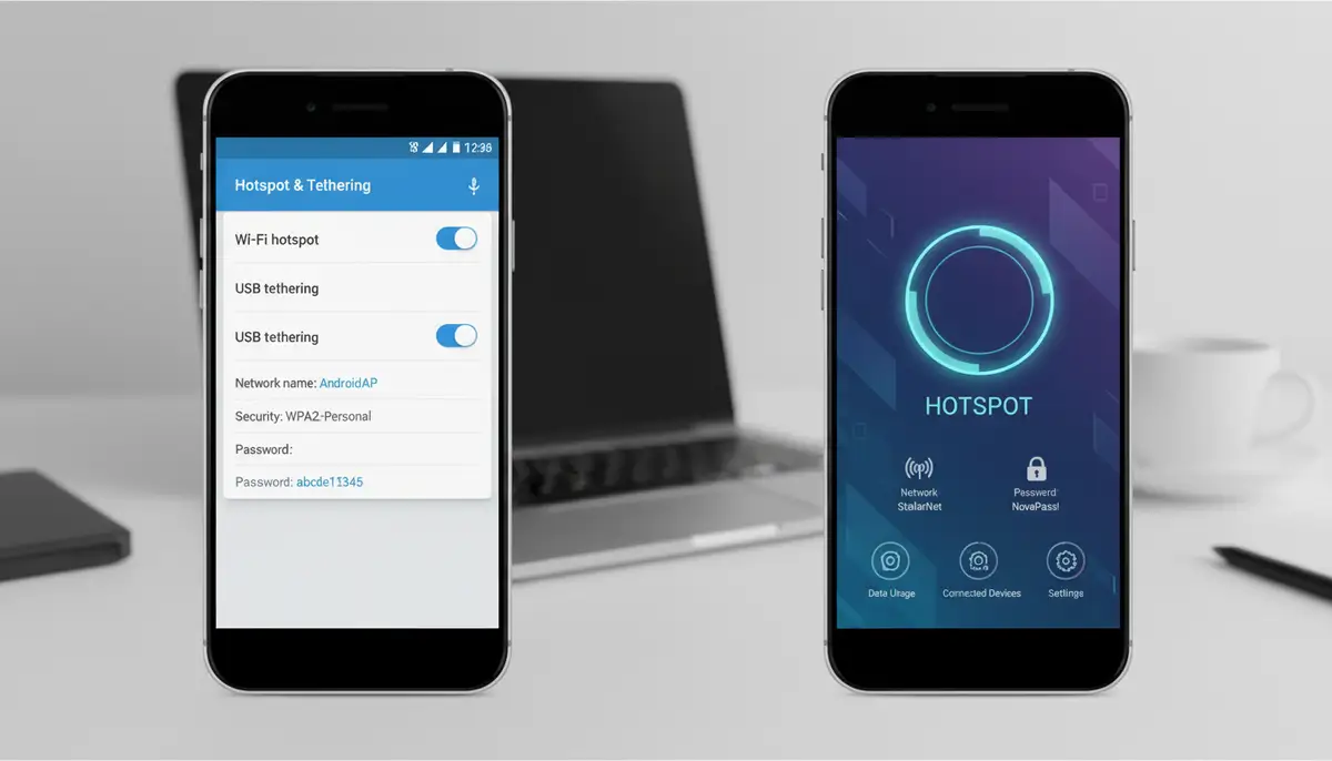 A split screen showing a standard Android hotspot settings menu on one side and a customized, aesthetically pleasing third-party hotspot widget on the other., high-quality photography, professional lighting, sharp focus, realistic, detailed