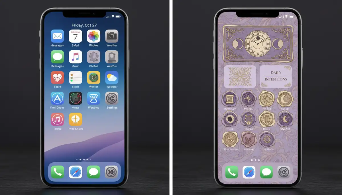 A split screen showing a standard iOS home screen next to a highly customized one with unique app icon themes and matching widgets., high-quality photography, professional lighting, sharp focus, realistic, detailed