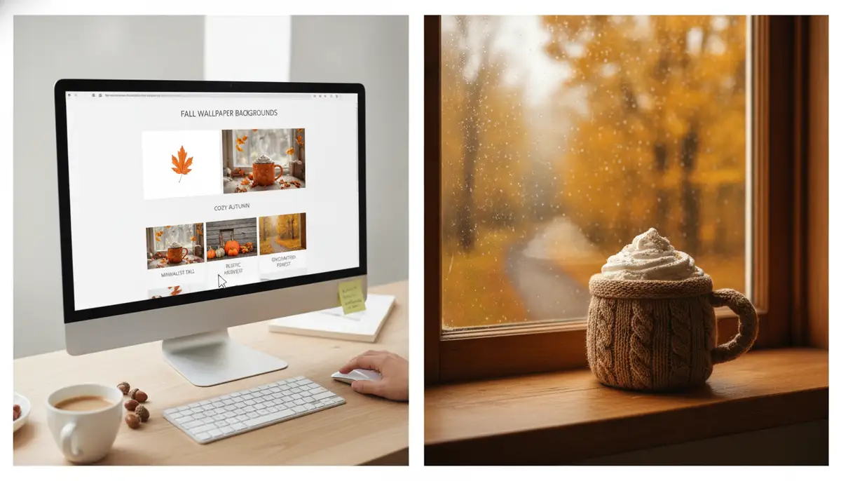 A split screen showing a user browsing different categories of fall wallpaper backgrounds desktop on a website, with options like 'minimalist fall' and 'cozy autumn'., high-quality photography, professional lighting, sharp focus, realistic, detailed