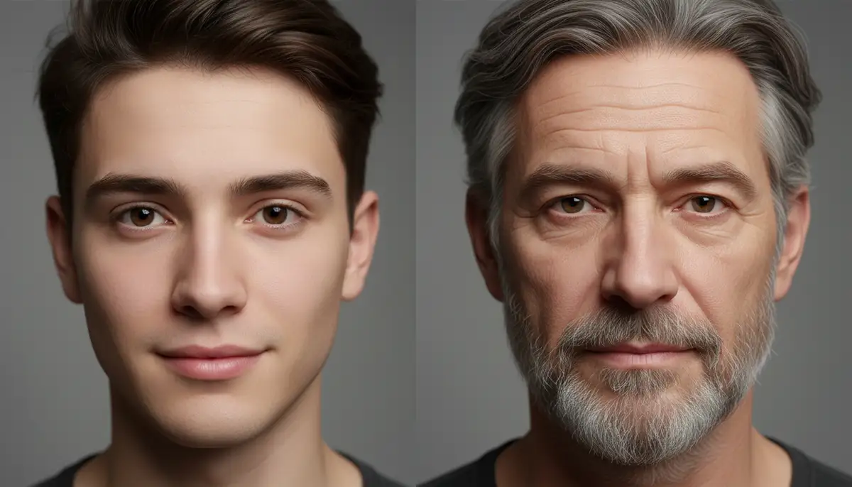 A split screen showing a young person's face next to an AI-generated older version of themselves, with subtle wrinkles and graying hair, in a realistic digital art style., high-quality photography, professional lighting, sharp focus, realistic, detailed