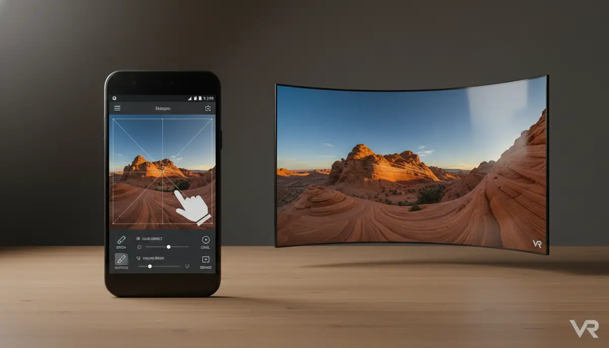 A split screen showing an Android phone displaying a 360-degree photo editing interface on one side and the final polished immersive image on the other., high-quality photography, professional lighting, sharp focus, realistic, detailed