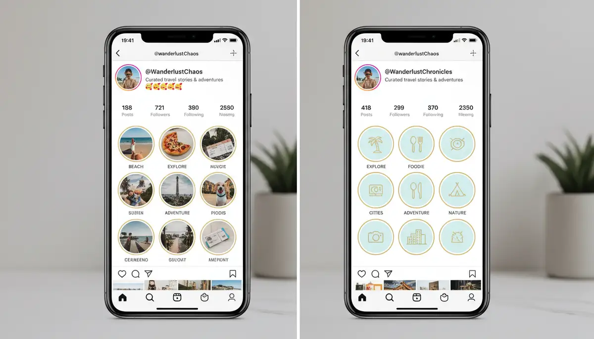 A split screen showing an Instagram profile with messy, unorganized highlights on one side and the same profile with beautifully curated, thematic highlights on the other., high-quality photography, professional lighting, sharp focus, realistic, detailed