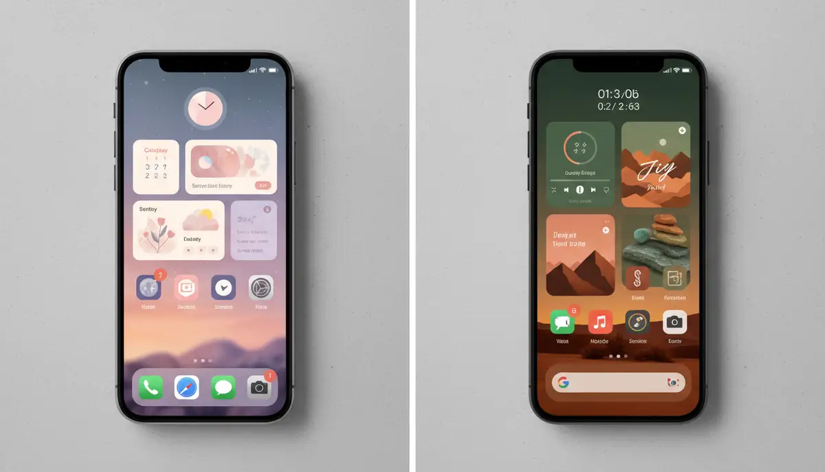 A split screen showing an iOS home screen on one side and an Android home screen on the other, both beautifully customized with unique aesthetic widget images, demonstrating cross-platform appeal., high-quality photography, professional lighting, sharp focus, realistic, detailed