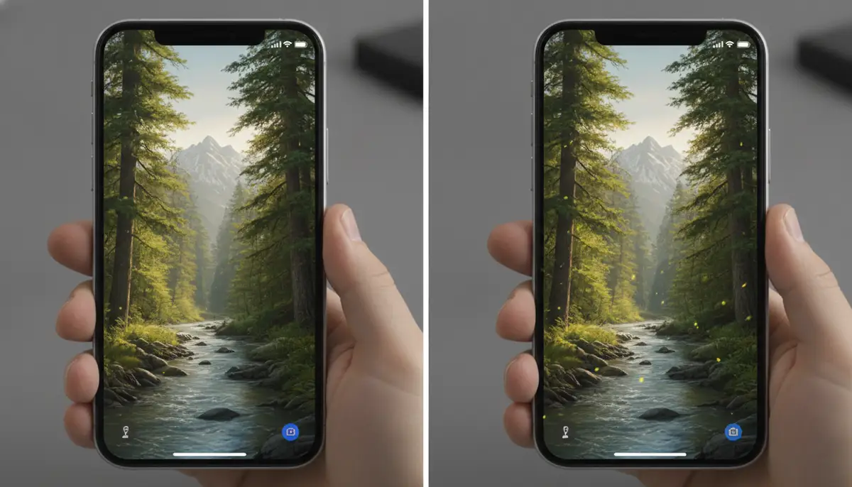 A split screen showing an iPhone displaying a static nature wallpaper on one side and a dynamic, subtle animation live wallpaper on the other, highlighting the difference., high-quality photography, professional lighting, sharp focus, realistic, detailed