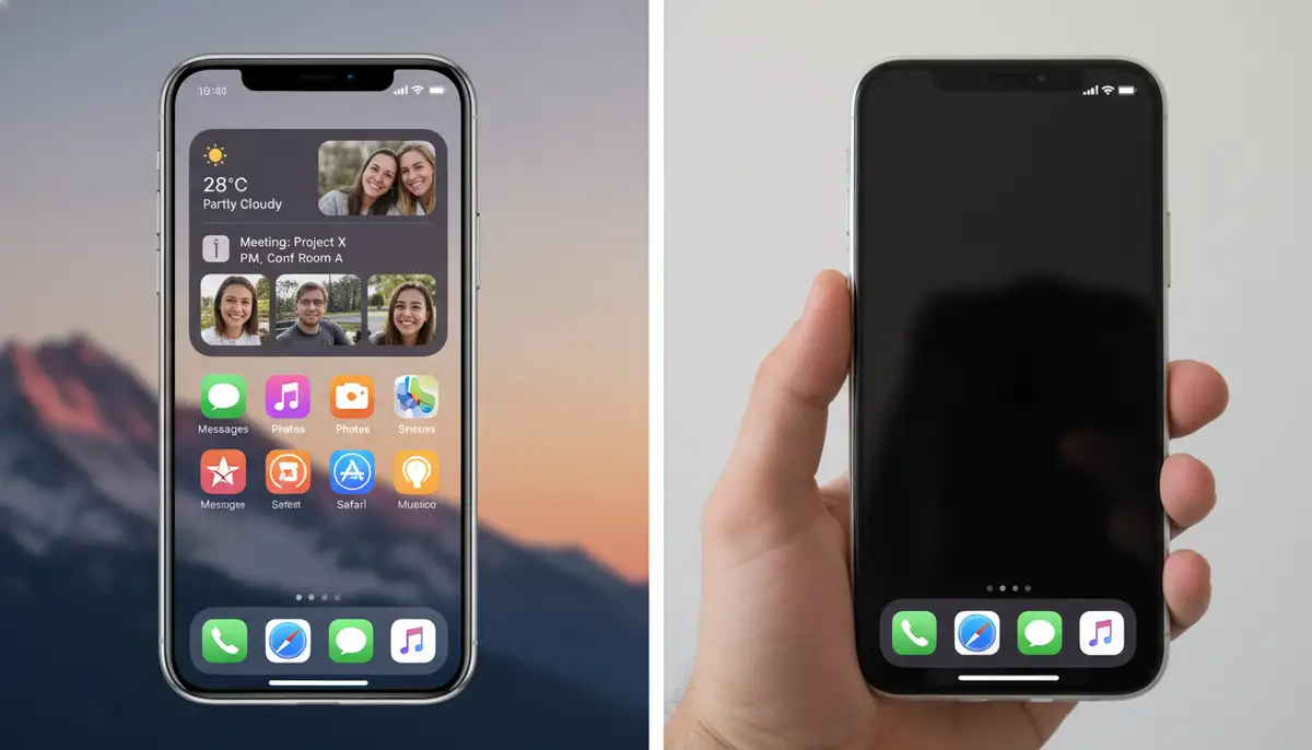 A split screen showing an iPhone home screen with a Smart Stack of widgets seamlessly rotating through different information like weather, calendar, and photos., high-quality photography, professional lighting, sharp focus, realistic, detailed