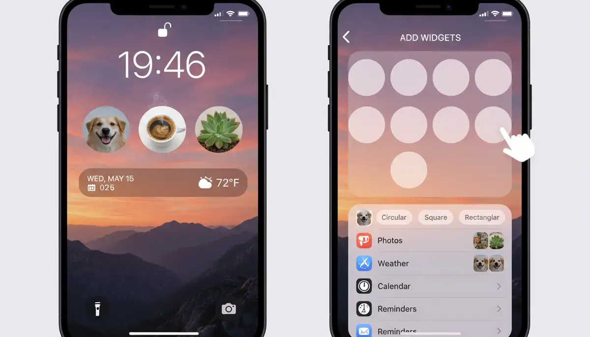 A split screen showing an iPhone's Lock Screen with custom image widgets, and a close-up of the customization menu for adding widgets., high-quality photography, professional lighting, sharp focus, realistic, detailed