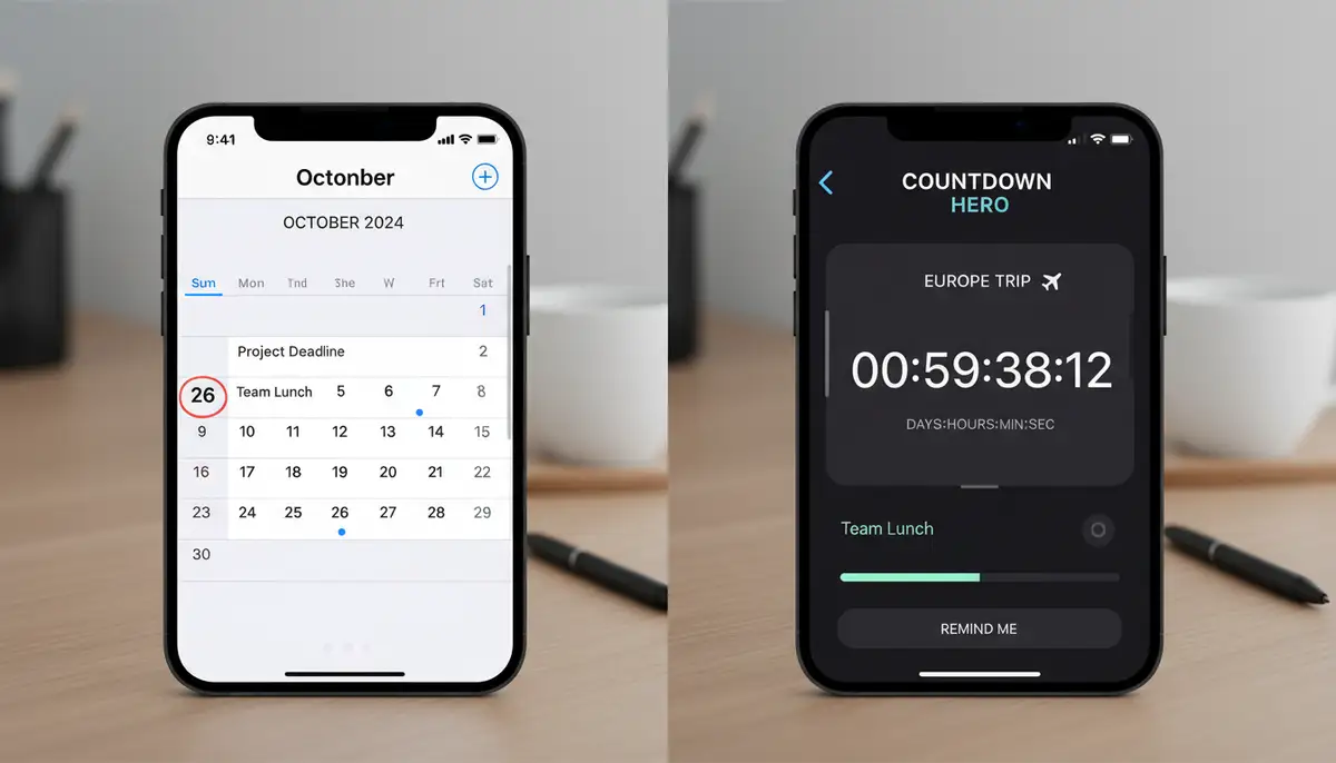 A split screen showing an iPhone's native Calendar app next to a third-party countdown widget, highlighting the visual and functional differences between them., high-quality photography, professional lighting, sharp focus, realistic, detailed