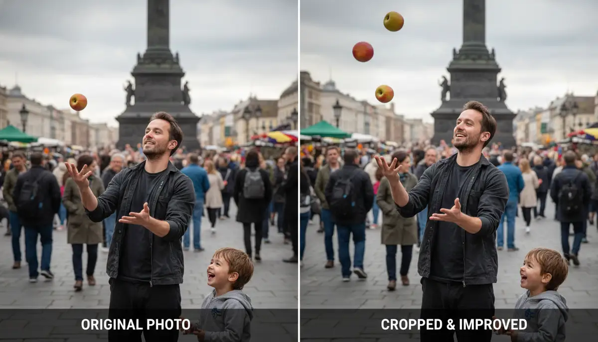 A split screen showing an original photo next to a perfectly cropped version, highlighting improved composition and focus., high-quality photography, professional lighting, sharp focus, realistic, detailed