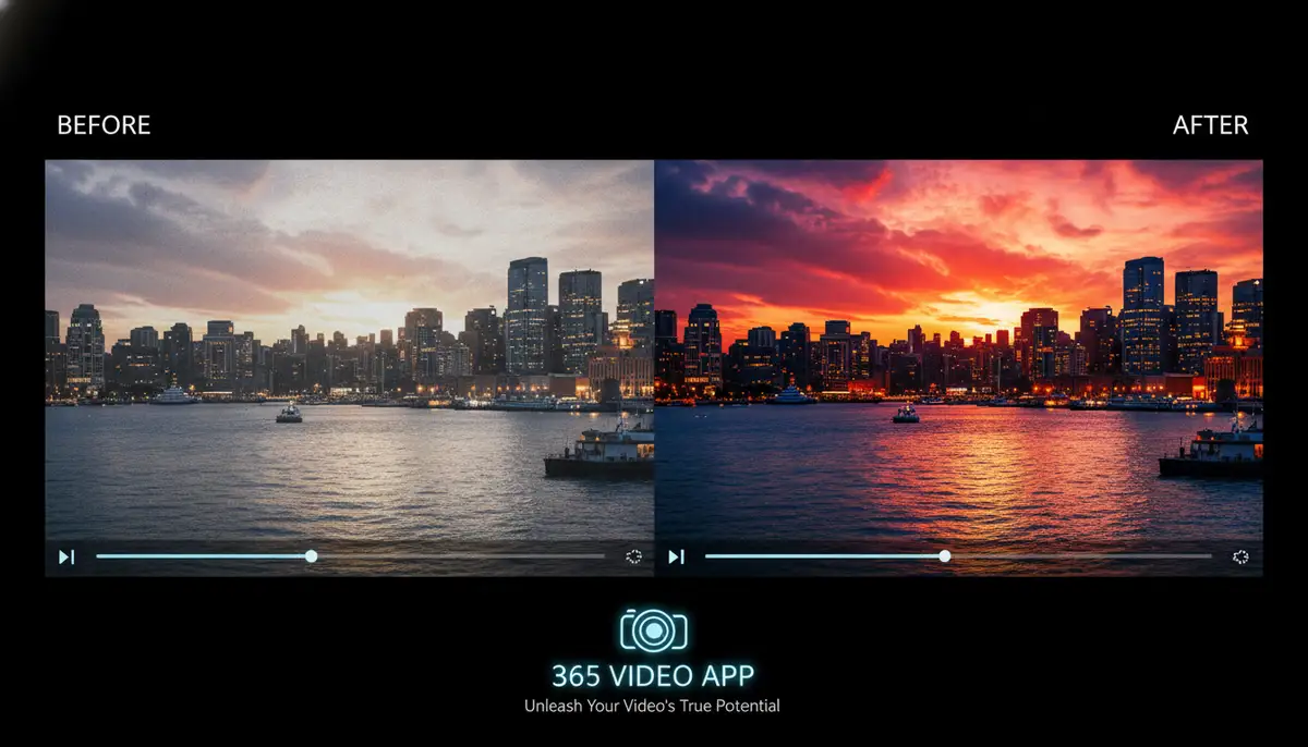 A split screen showing before and after video clips, demonstrating the powerful editing and enhancement capabilities of the 365 video app, with vibrant colors and crisp details., high-quality photography, professional lighting, sharp focus, realistic, detailed