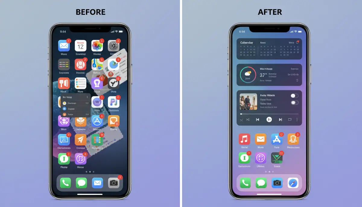 A split screen showing before-and-after of a smartphone home screen, with the 'before' being cluttered and the 'after' being neatly organized with various functional widgets., high-quality photography, professional lighting, sharp focus, realistic, detailed