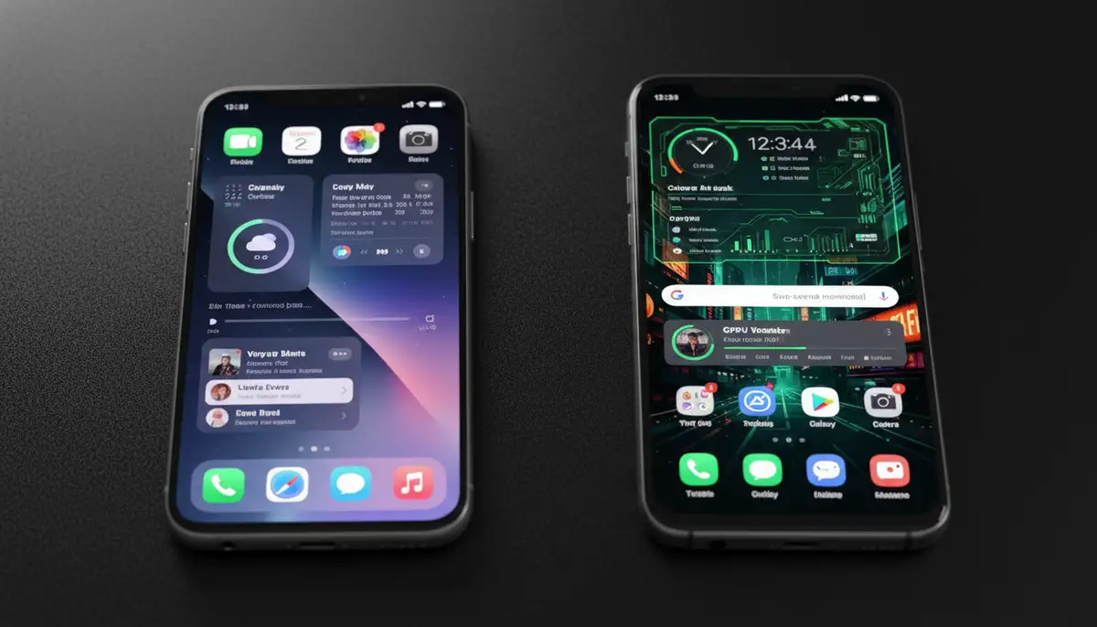 A split screen showing both an iOS and an Android device side-by-side, each demonstrating a highly customized home screen with unique widget app layouts and themes., high-quality photography, professional lighting, sharp focus, realistic, detailed