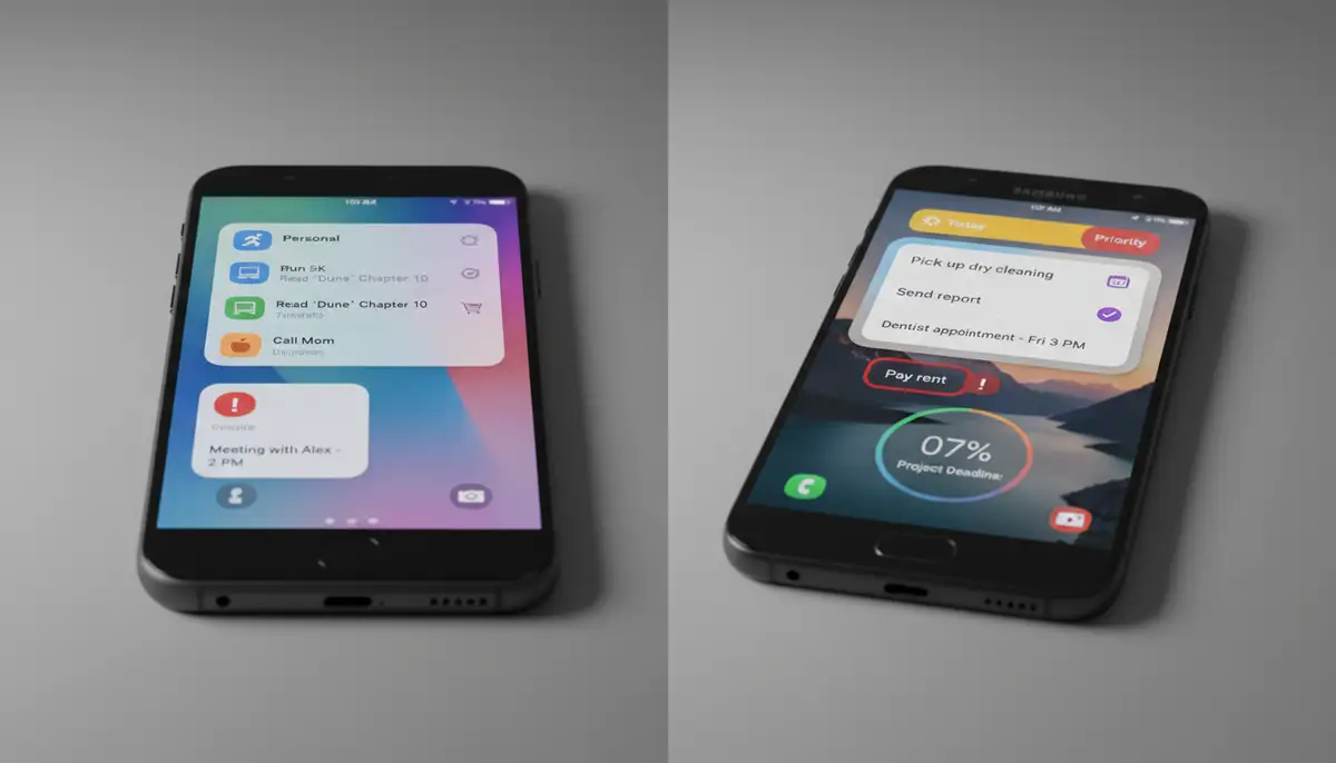 A split screen showing both an iOS and an Android device side-by-side, each demonstrating a unique reminders app widget setup with various customization options., high-quality photography, professional lighting, sharp focus, realistic, detailed
