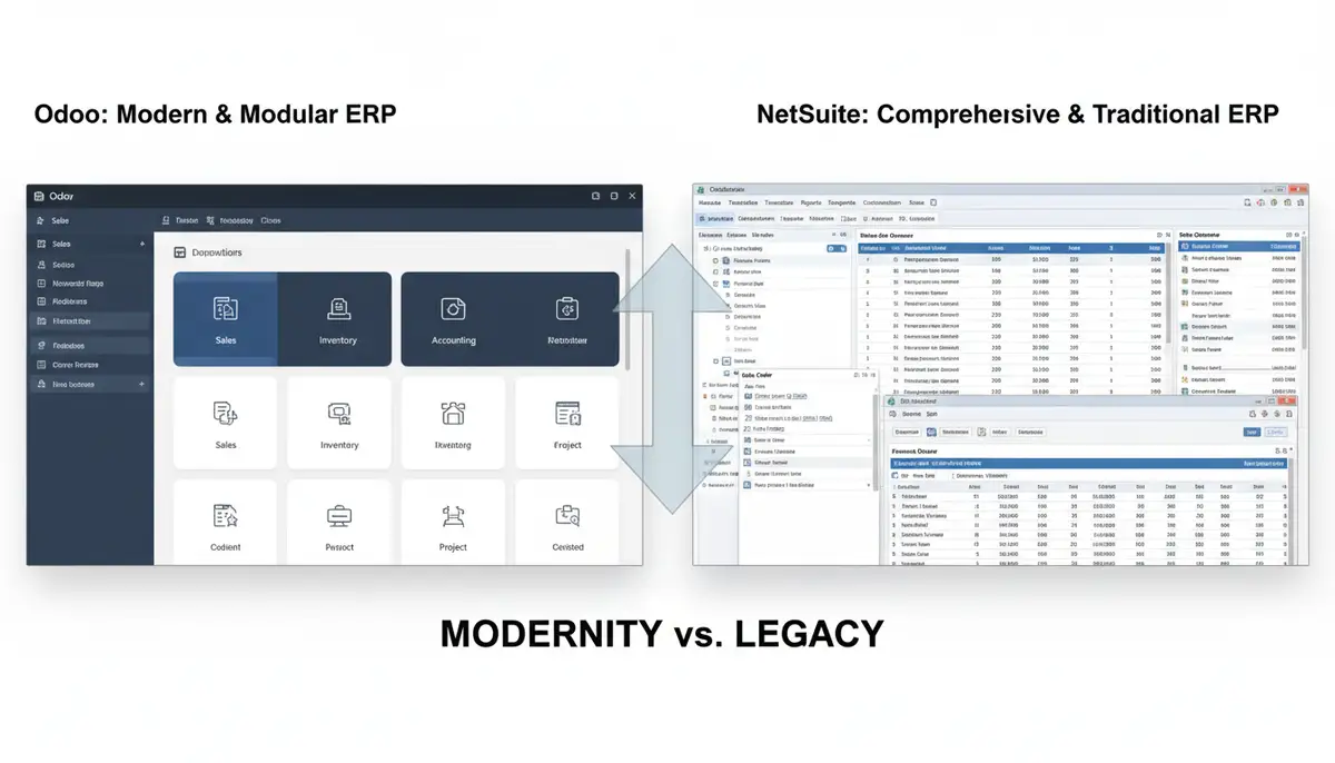 A split screen showing Odoo's modern, modular interface on one side and NetSuite's comprehensive, traditional interface on the other, with a subtle comparison graphic.