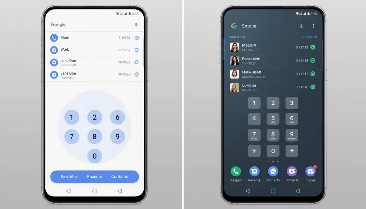 A split screen showing the minimalist interface of the Google Phone app on one side and the feature-rich interface of the Samsung Phone app on the other, with call logs and dial pads visible, in a modern, clean style., high-quality photography, professional lighting, sharp focus, realistic, detailed