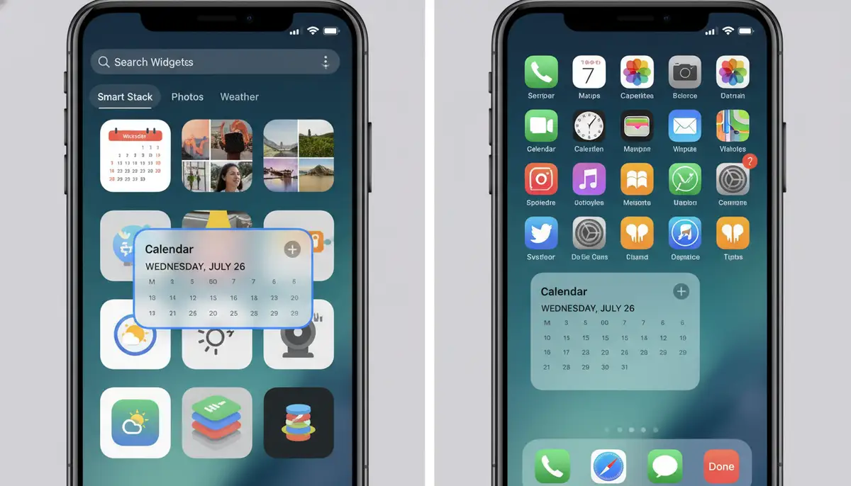 A split screen showing the process of adding a widget: on one side, the widget gallery, and on the other, the home screen in jiggle mode., high-quality photography, professional lighting, sharp focus, realistic, detailed