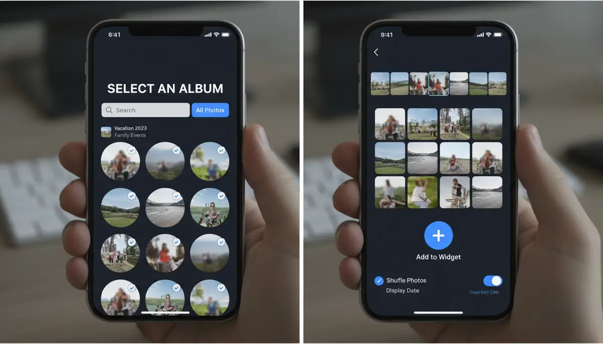 A split screen showing the process of selecting a photo album within a third-party widget app, with a clear interface and photo thumbnails., high-quality photography, professional lighting, sharp focus, realistic, detailed
