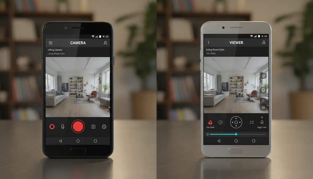 A split screen showing two Android phones, one as the 'camera' and one as the 'viewer' with the Alfred Camera app interface clearly visible on both., high-quality photography, professional lighting, sharp focus, realistic, detailed