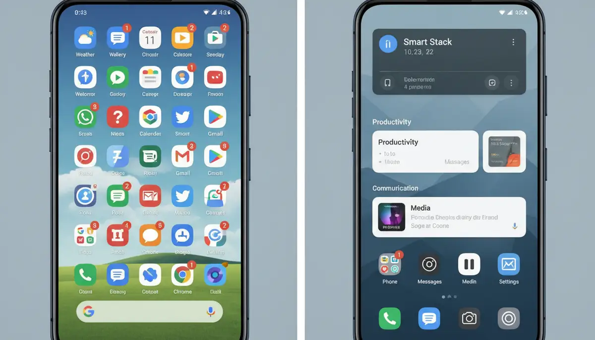 A split screen showing two Android phones side-by-side; one with a cluttered, default home screen and the other with a highly organized, personalized home screen utilizing smart widgets and stacks, emphasizing efficiency., high-quality photography, professional lighting, sharp focus, realistic, detailed
