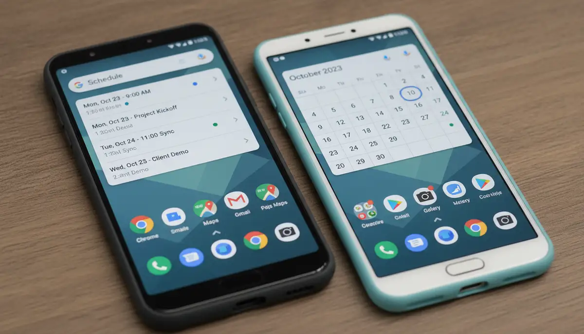 A split screen showing two different Android home screens. One displays the 'Schedule' Google Calendar widget, and the other shows the 'Month' widget, highlighting their distinct layouts., high-quality photography, professional lighting, sharp focus, realistic, detailed
