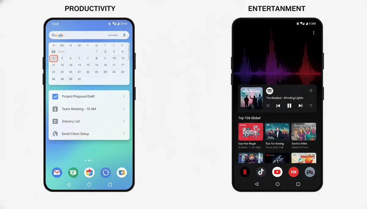 A split screen showing two different Android homescreen setups: one focused on productivity with Google Keep and Calendar widgets, and another on entertainment with Spotify and YouTube Music widgets., high-quality photography, professional lighting, sharp focus, realistic, detailed