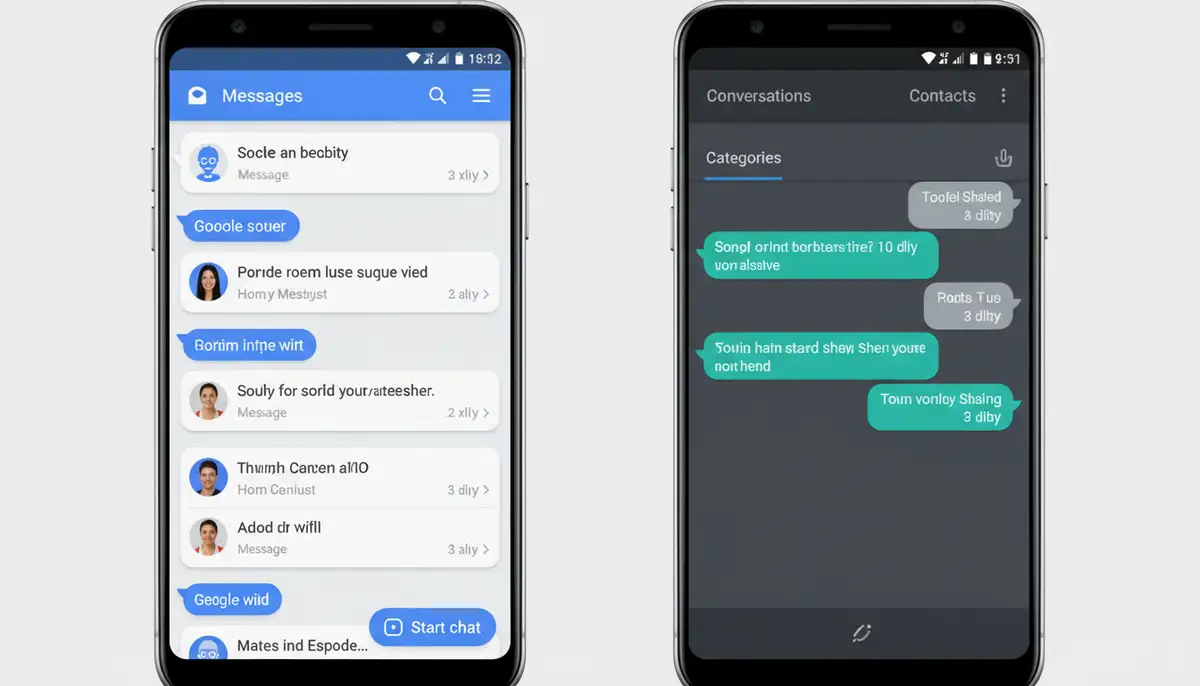 A split screen showing two different Android SMS app interfaces side-by-side, highlighting their unique features and design elements for comparison., high-quality photography, professional lighting, sharp focus, realistic, detailed
