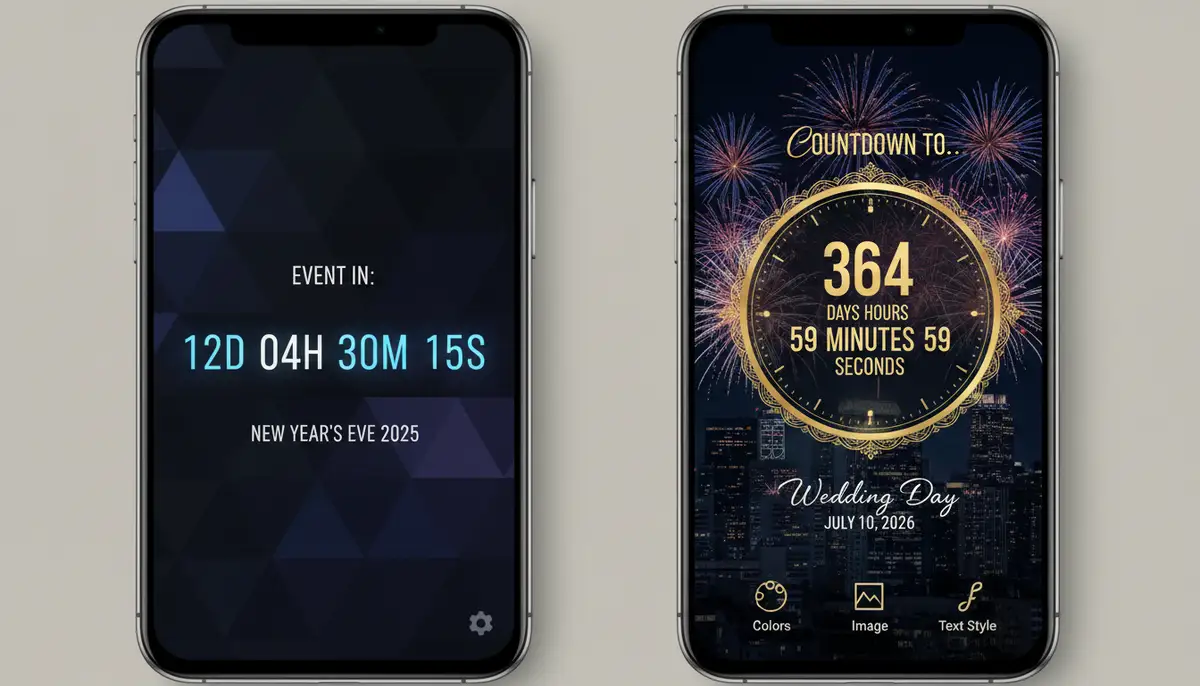 A split screen showing two different countdown widget Android designs: one minimalistic and one highly visual with an event image, highlighting customization options., high-quality photography, professional lighting, sharp focus, realistic, detailed