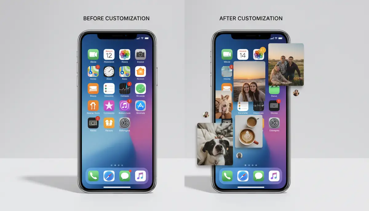 A split screen showing two different iPhone home screen layouts, one before and one after extensive photo widget customization, highlighting the transformation., high-quality photography, professional lighting, sharp focus, realistic, detailed