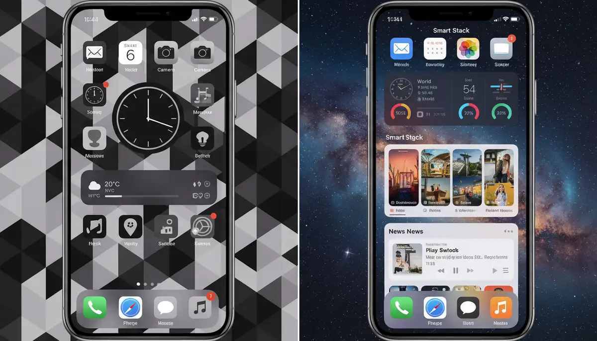 A split screen showing two different iPhone home screen layouts: one minimalist and monochrome, the other colorful and data-rich, highlighting diverse aesthetic iPhone home screen widgets ideas., high-quality photography, professional lighting, sharp focus, realistic, detailed