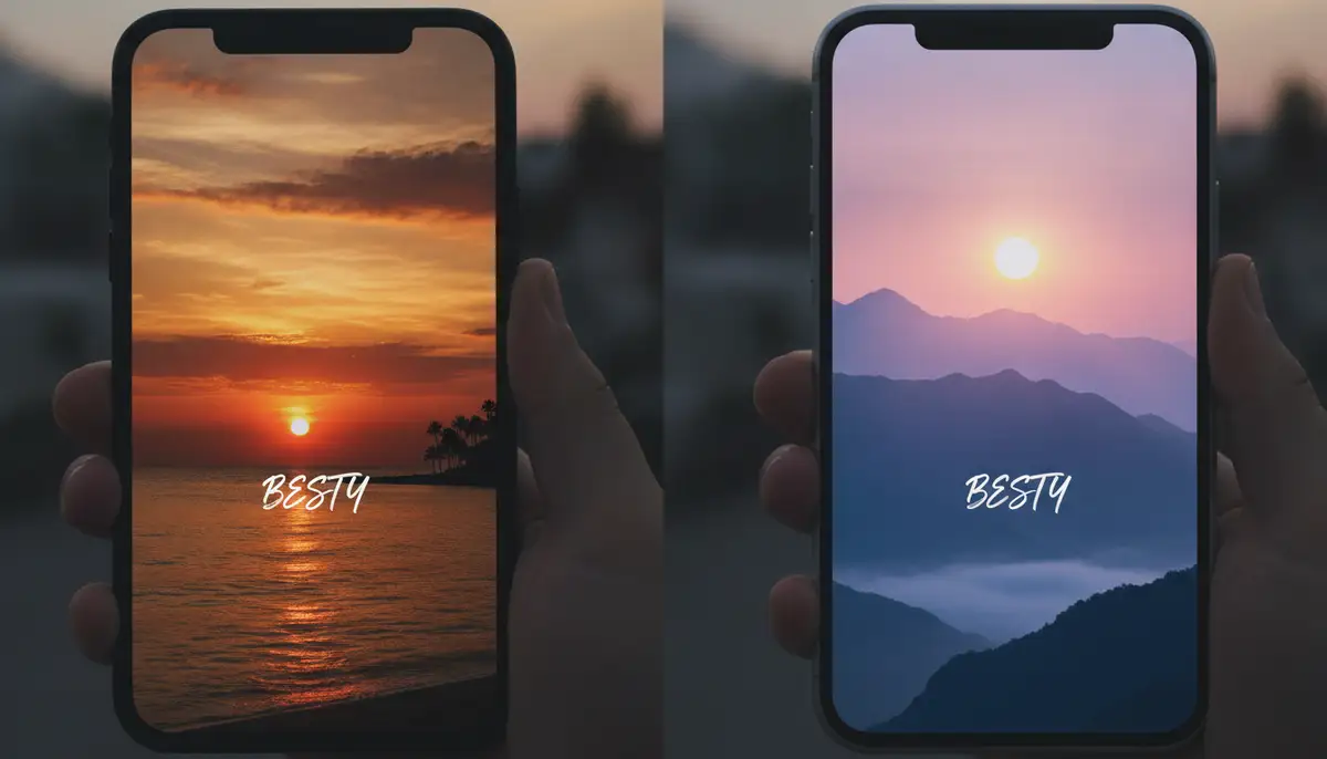 A split screen showing two different phones with matching 'besty wallpapers,' one with a sunset theme and the other with a sunrise, symbolizing friendship., high-quality photography, professional lighting, sharp focus, realistic, detailed