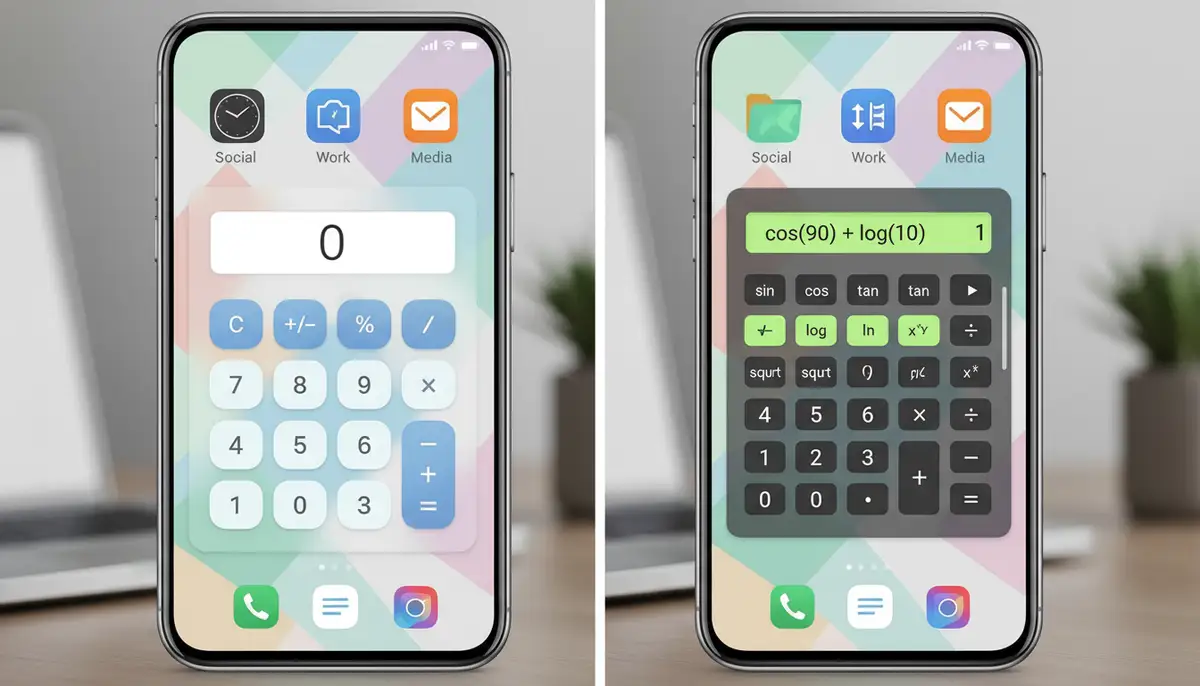 A split screen showing two different types of calculator widget apps: one simple, one scientific, both integrated seamlessly into a smartphone home screen., high-quality photography, professional lighting, sharp focus, realistic, detailed
