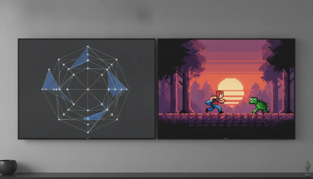 A split screen showing two different wallpaper GIFs, one a minimalist geometric pattern and the other a retro pixel art animation, illustrating diverse styles., high-quality photography, professional lighting, sharp focus, realistic, detailed