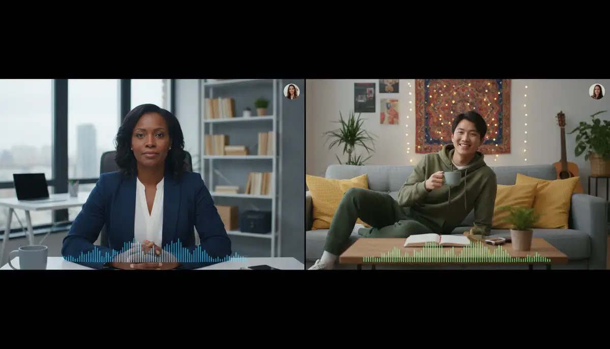 A split screen showing two diverse individuals engaged in a high-quality 1on1 video call, one in a professional setting and the other in a casual, social environment, with clear audio waves visible., high-quality photography, professional lighting, sharp focus, realistic, detailed