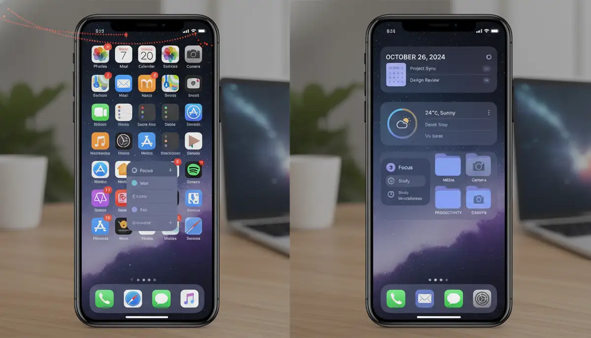 A split screen showing two iPhones: one with a cluttered, default home screen and another with a beautifully organized and personalized home screen using cool widgets., high-quality photography, professional lighting, sharp focus, realistic, detailed