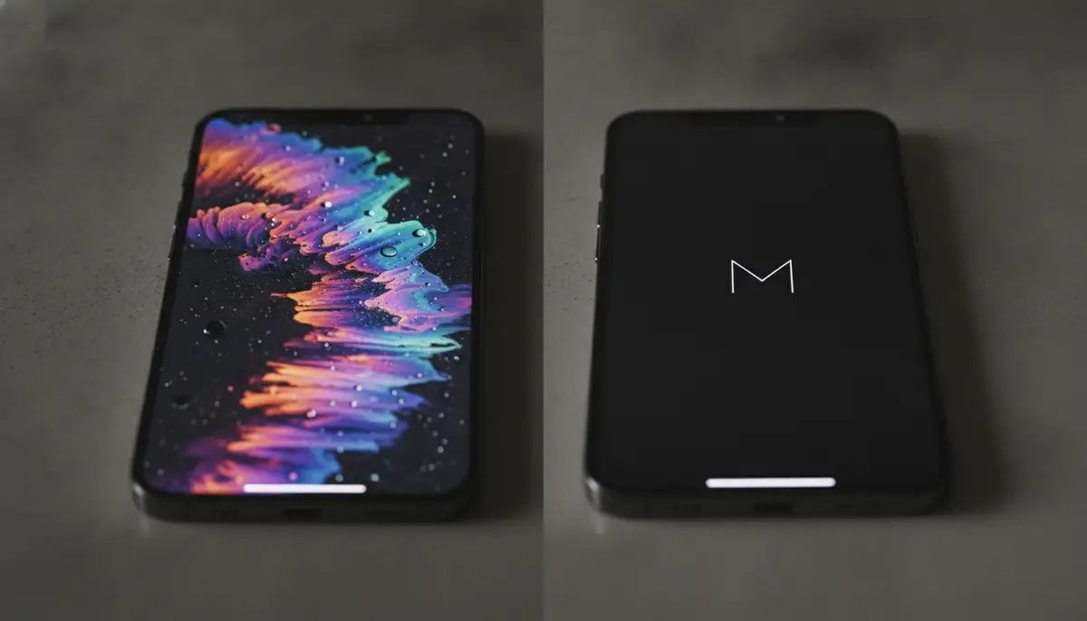 A split screen showing two iPhones: one with a vibrant, colorful wallpaper and the other with a sleek, minimalist black wallpaper, highlighting the aesthetic choice., high-quality photography, professional lighting, sharp focus, realistic, detailed