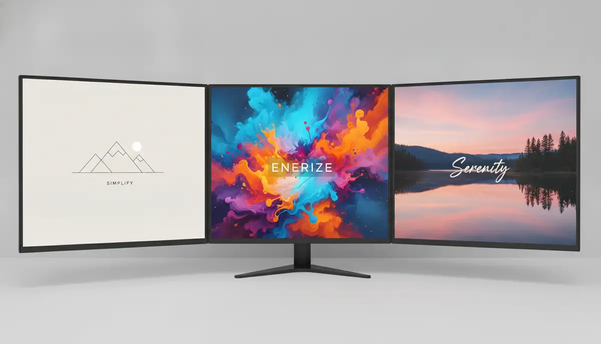 A split screen showing various categories of desktop backgrounds: one side with a minimalist design, another with a vibrant abstract, and a third with a serene landscape, appealing to different tastes., high-quality photography, professional lighting, sharp focus, realistic, detailed