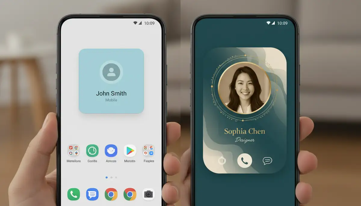 A split screen view of an Android phone showing a default contact widget on one side and a highly customized, aesthetically pleasing contact widget on the other, highlighting personalization., high-quality photography, professional lighting, sharp focus, realistic, detailed