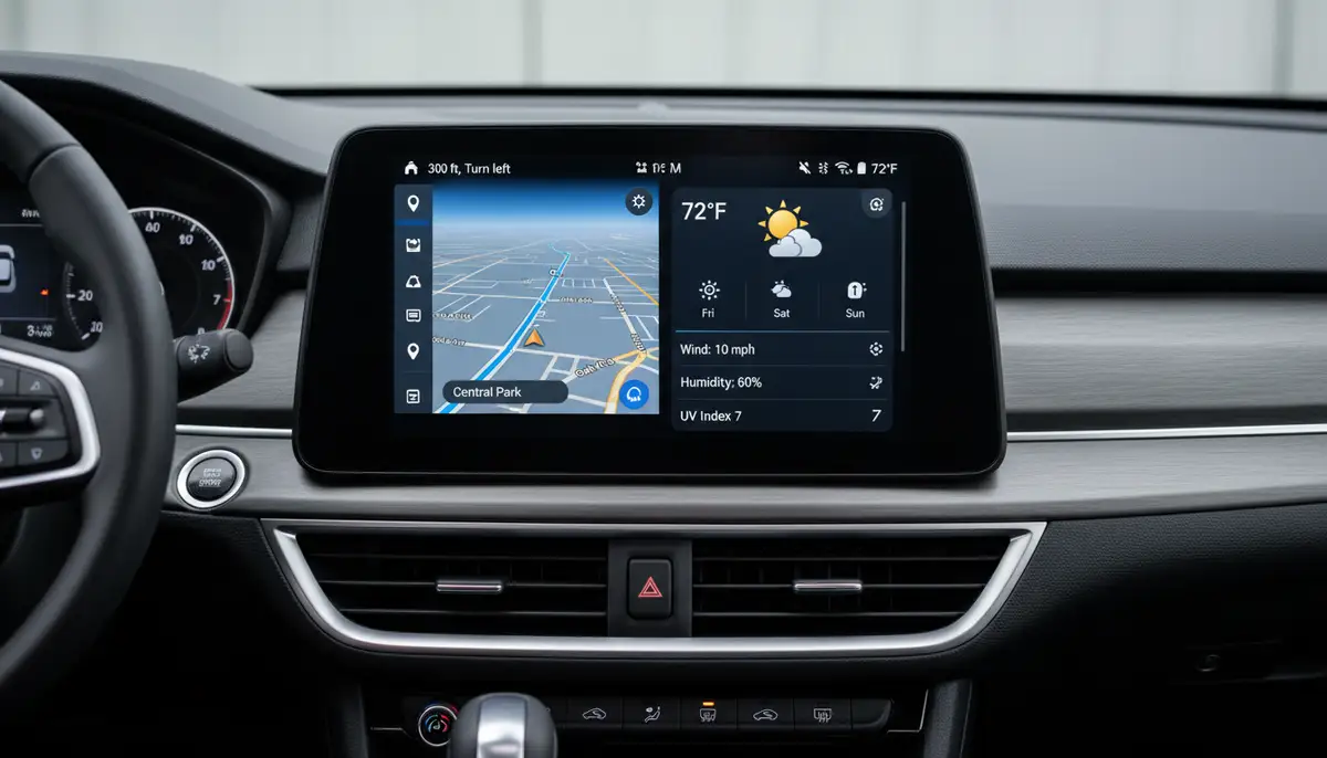 A split screen view on an Android Auto display, one side showing navigation and the other a detailed weather forecast from a third-party app, emphasizing seamless integration., high-quality photography, professional lighting, sharp focus, realistic, detailed