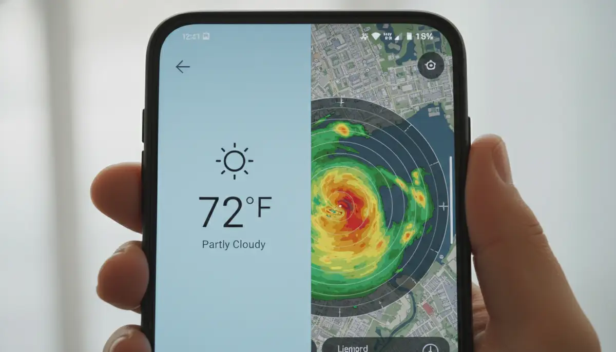 A split screen view on an Android phone, one side showing a basic weather widget with temperature and condition, the other showing a complex radar widget with precipitation patterns., high-quality photography, professional lighting, sharp focus, realistic, detailed