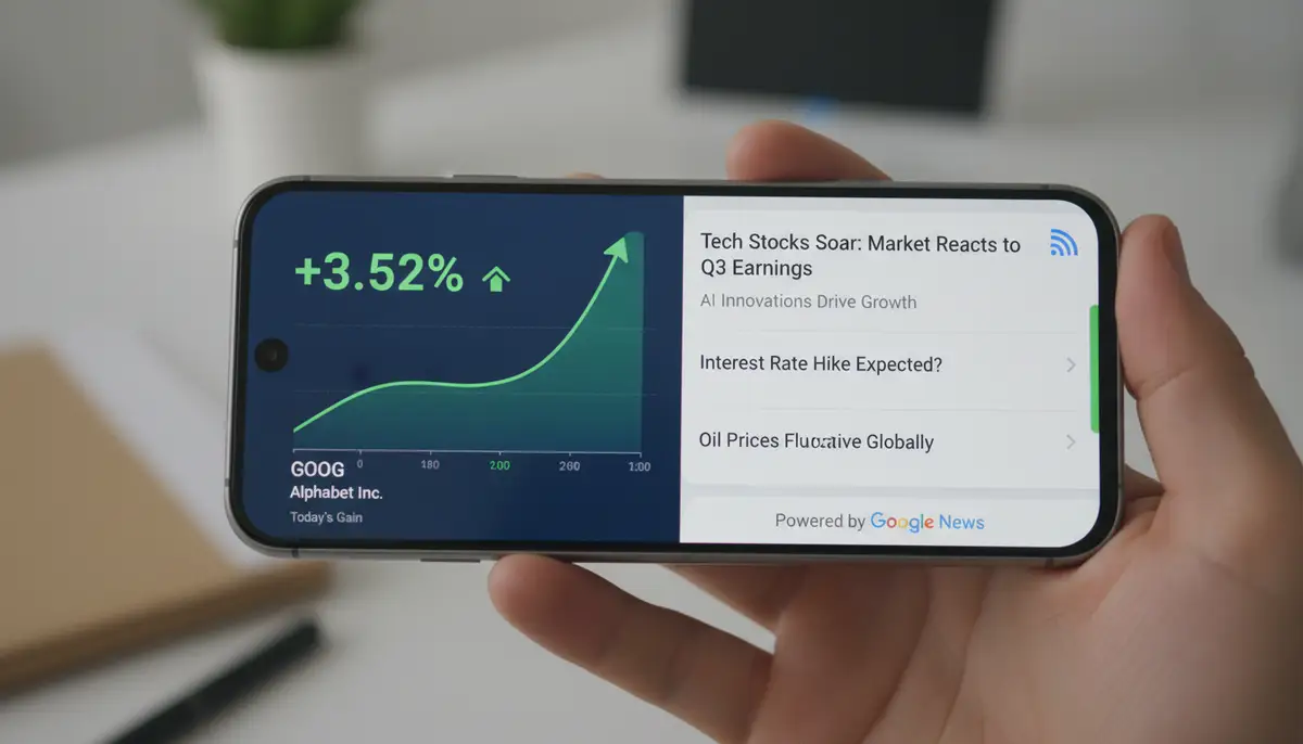 A split screen view on an Android phone, one side showing a stock widget with a green upward trend, the other side showing financial news headlines. Emphasize data and news integration., high-quality photography, professional lighting, sharp focus, realistic, detailed