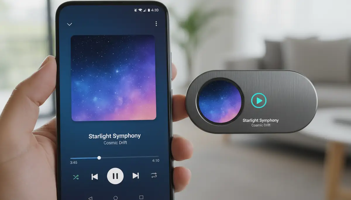 A split screen view on an Android phone, one side showing the default music player interface and the other showing a compact, elegant music widget controlling the same playback., high-quality photography, professional lighting, sharp focus, realistic, detailed